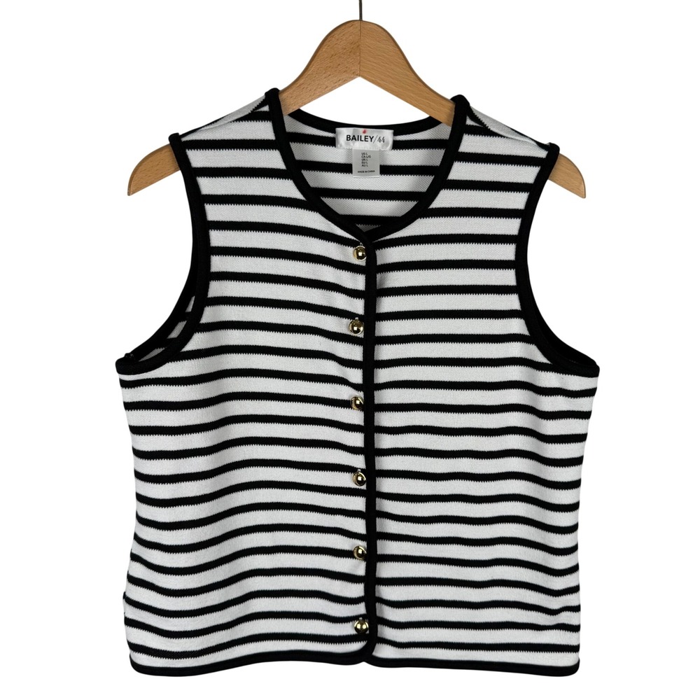 Bailey 44 Black White‎ Striped Knit Top Vest Womens L Gold Button Front 1292158
